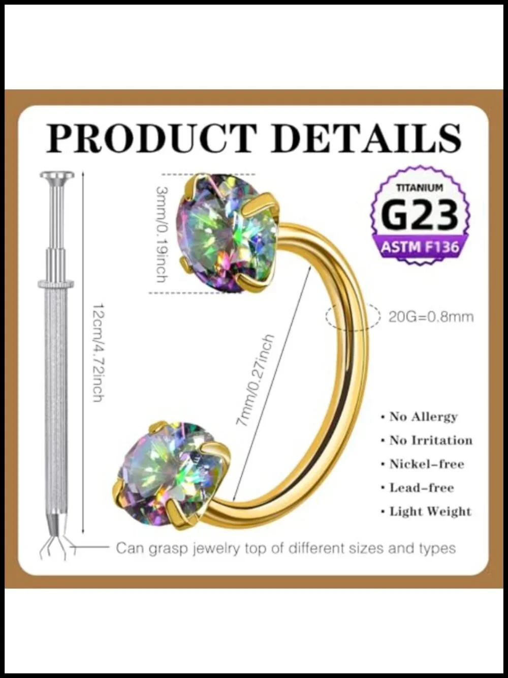 G23 Titanium Horseshoe Nose Ring 20G CZ Double Gem Hoop Piercing Jewelry